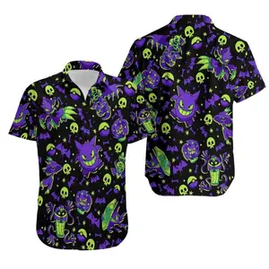 Gengar Ghost-Type Pokémon Hawaiian Shirt, Bold Purple Tropical Print, Anime Fan Gift for Summer Beachwear