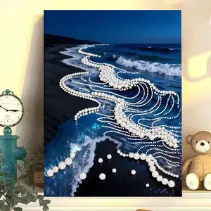 Premium Deep Blue Ocean Surf Shimmer Bead Inlay DIY Craft Kit, Textured Canvas Paint by Numbers Set, Nautical Themed Handmade Wall Art Ornament for Indoor Home Decor & All Occasion Presents