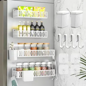 4 Pack Large Magnetic Spice Rack for Refrigerator, Spice Rack Organizer, Moveable Magnetic Shelf Fridge Organizer with 4 Hooks for Kitchen and Oven Organization, White
