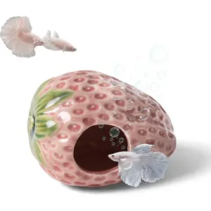 Decor Cave Betta Fish Aquarium Accessories Ornaments Hiding Cave Strawberry House Hideout for Shrimp Cichlid Hermit Crab Octopus Hiding Breeding for Tank (Pink)