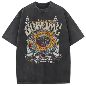 Vintage Acid Wash Sun Graphic T-Shirt, Retro Sublime-Inspired Streetwear Tee, Skull & Sun Print, Oversized Cotton Crewneck, Grunge Aesthetic, Unisex Casual Top for Music Fans, Multiple Color Options