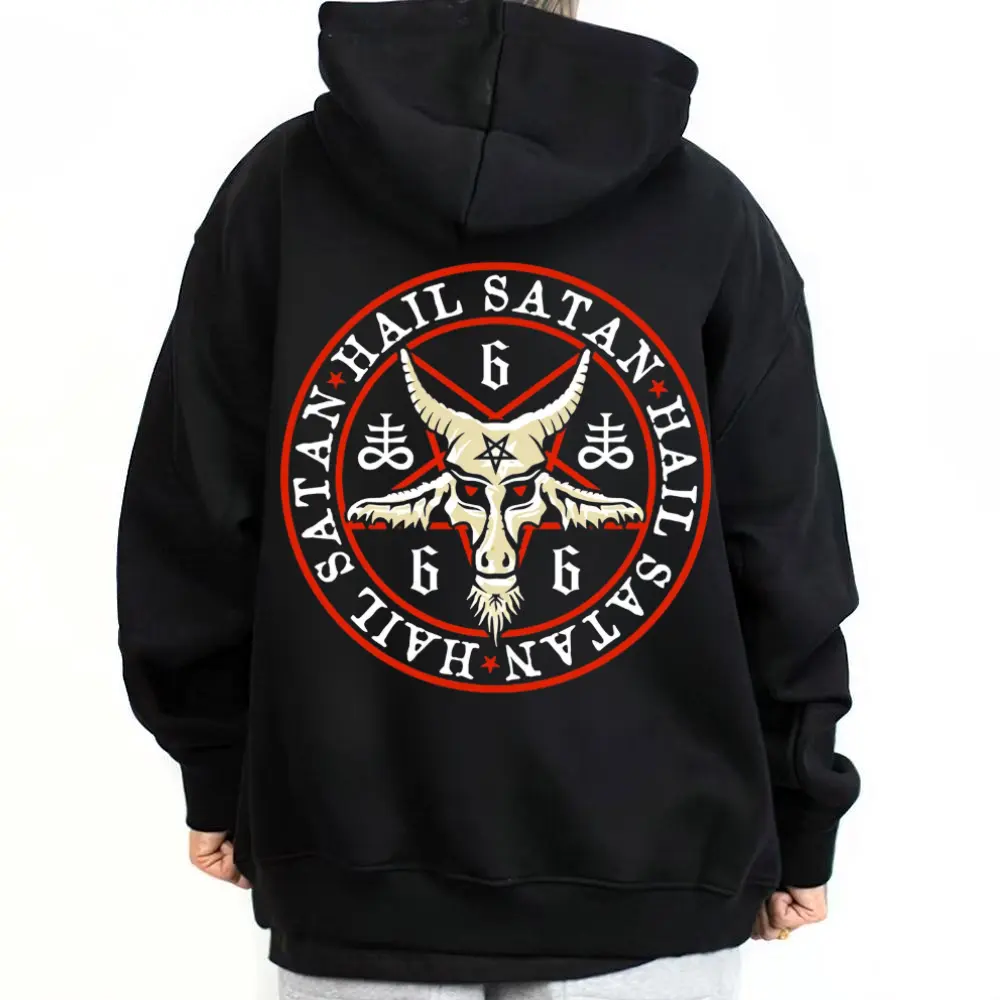 Menswear Oversized Cotton Hoodie - Dark Gothic Style, Red Inverted Cross & Baphomet Graphic Print, Casual Streetwear Looks for Halloween Outdoor Wear, T-Shirt-Inspired Design