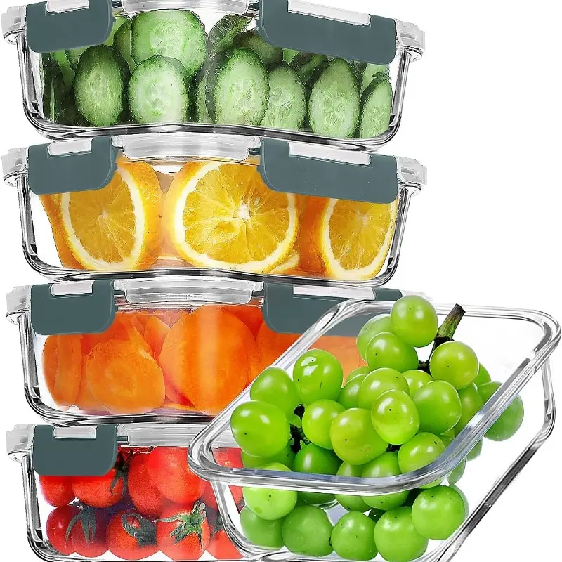 5-piece glass meal preparation container, sealed glass lunch container set, covered glass food storage container, free of bisphenol A, suitable for microwave ovens, ovens, refrigerators, and dishwashers, Kitchenware, gray, Meal Prep Containers