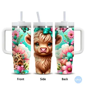 Spring Baby Highland Cow Vacuum Flasks 40oz Stainless Steel Vacuum Insulated Tumbler with Handle & Straw | Leakproof Insulated Tumbler Long-Lasting Cold & Heat Retention, Leak-Resistant | For Iced Coffee, Water, Office, Gym & Travel Insulated Water Cup