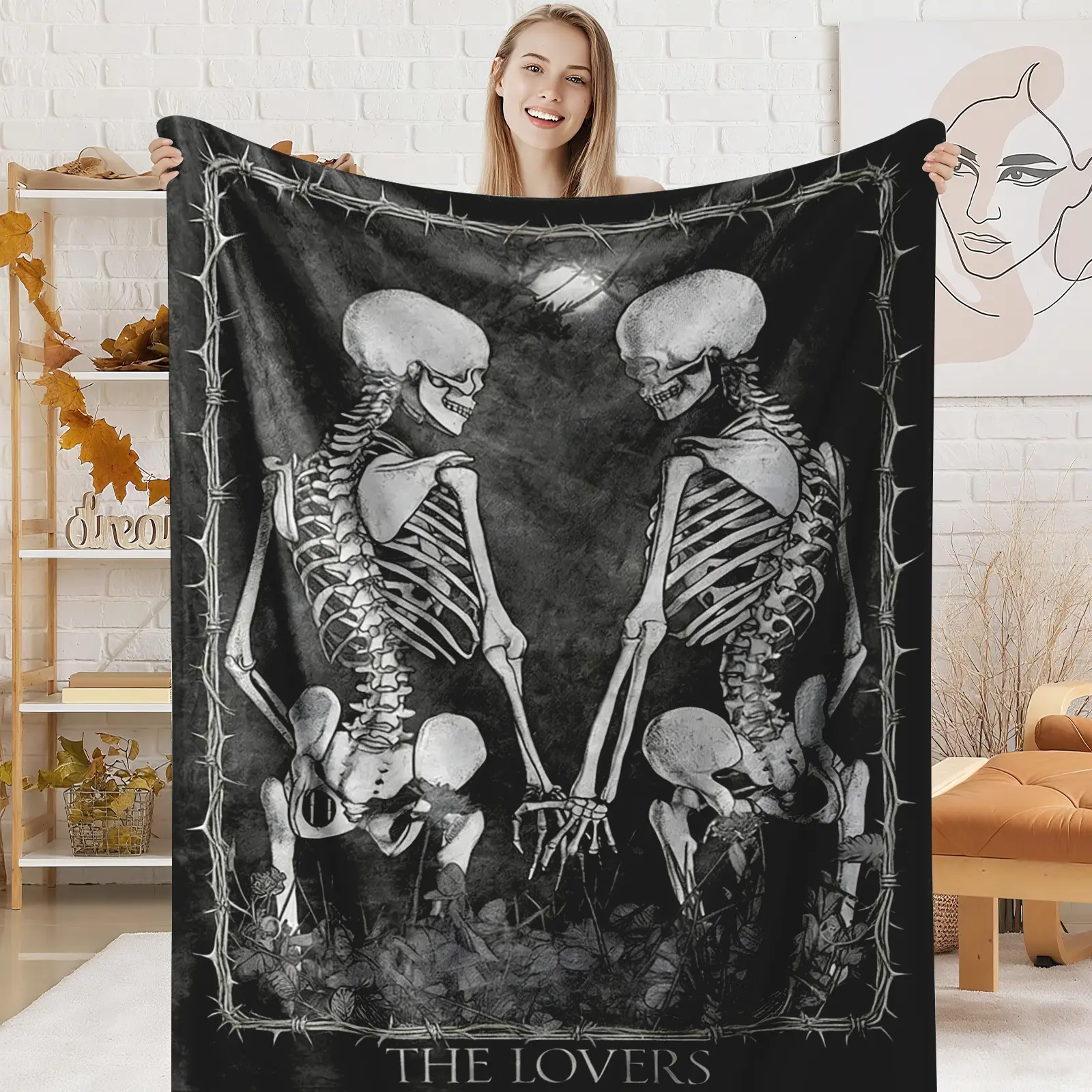 Goth Skeleton Lovers Tarot Card Print High-Density Flannel Blanket - Dark Romance Skull Art Soft Unisex Throw, Cozy, All Seasons, Fade-Resistant, Wrinkle-Resistant, 30x40in, Machine Washable, Non-Customized, Multi-Size Goth Occult Gift