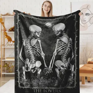 Gothic Skeleton Lovers Tarot Card Blanket, Dark Romantic Skull Art Throw, Cozy Fleece Blanket for Goth Couple, Witchy Aesthetic Gift