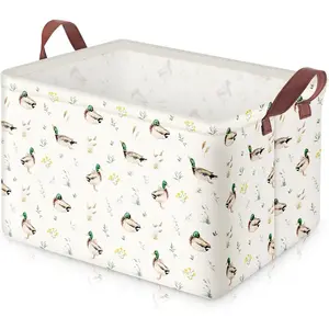 Mallard Basket Collapsible Canvas Toy Bin Waterproof Basket with Handles Farmhouse Wild Green Head Ducks Hunting Nursery Decor for Kids Bedroom Clothes Toys Books