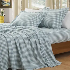 4 Pieces Ruffle Queen Bed Sheets, Cotton Gingham Queen Bed Sheet Set Feel Comfy Breathable Ruffed Bed Sheets with 16 Inch Deep, Dusty Blue