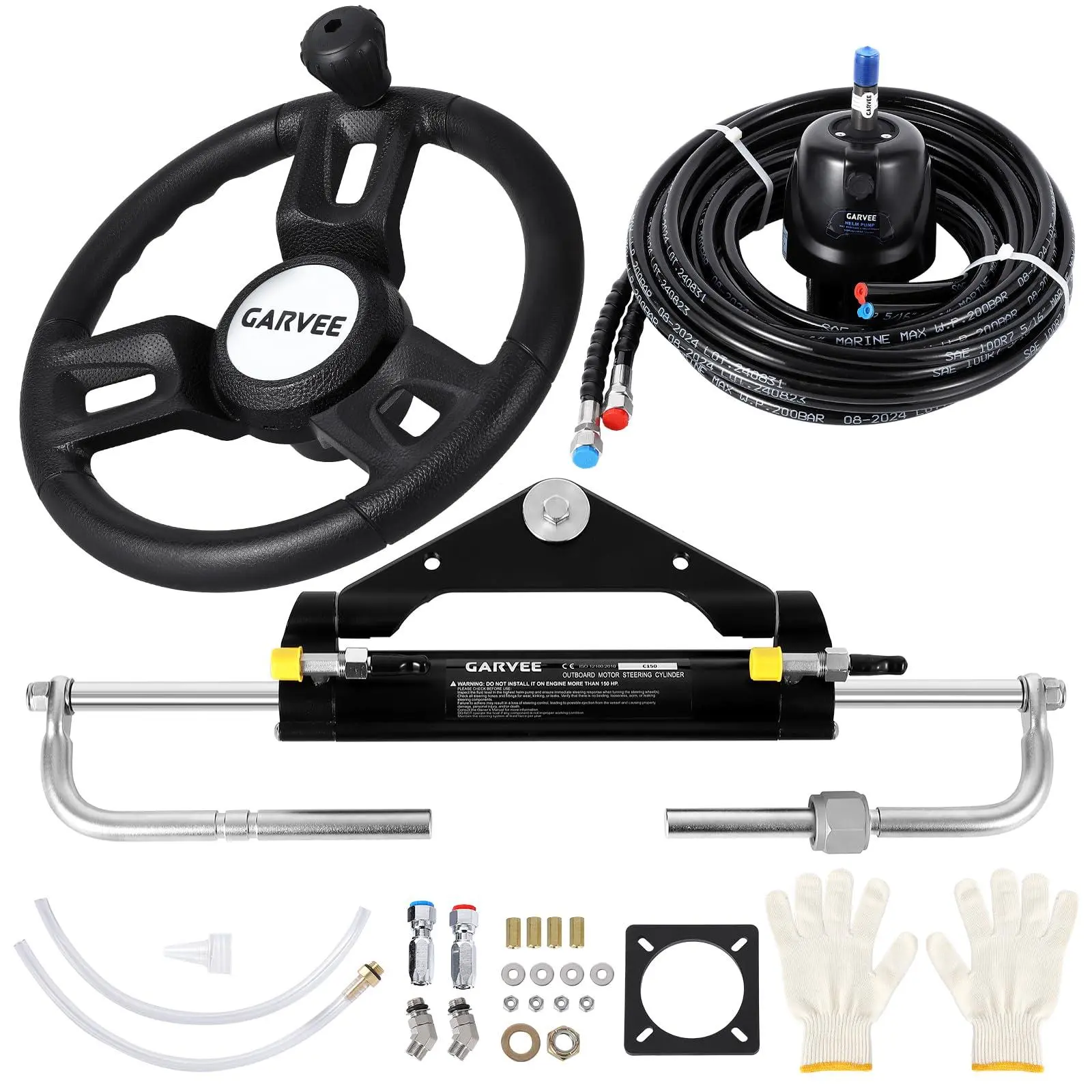 Pre-Assembled Aluminum Hydraulic Steer Kit for Watercraft - 150HP Capacity, 13.5in Round Wheel, Dual 26FT Marine-Grade Hoses, Balanced Cylinder, Pre-Assembled Kits