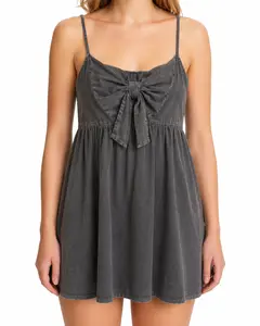 Dark Gray Bow-Front Spaghetti Strap Romper with Elastic Waist & Flowy Shorts