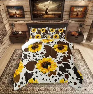 Sunflower Cow Comforter Set,Rustic Cowhide Brown Bedding Set,Yellow Floral Wildlife Farmhouse Cow Duvet Insert Abstract,Milk Cow Bedding Collections