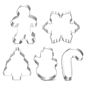5 Piece  Cookie Cutter Set Snowman Tree Gingerbread Man Candy Cane Snowflake Holiday Baking Molds