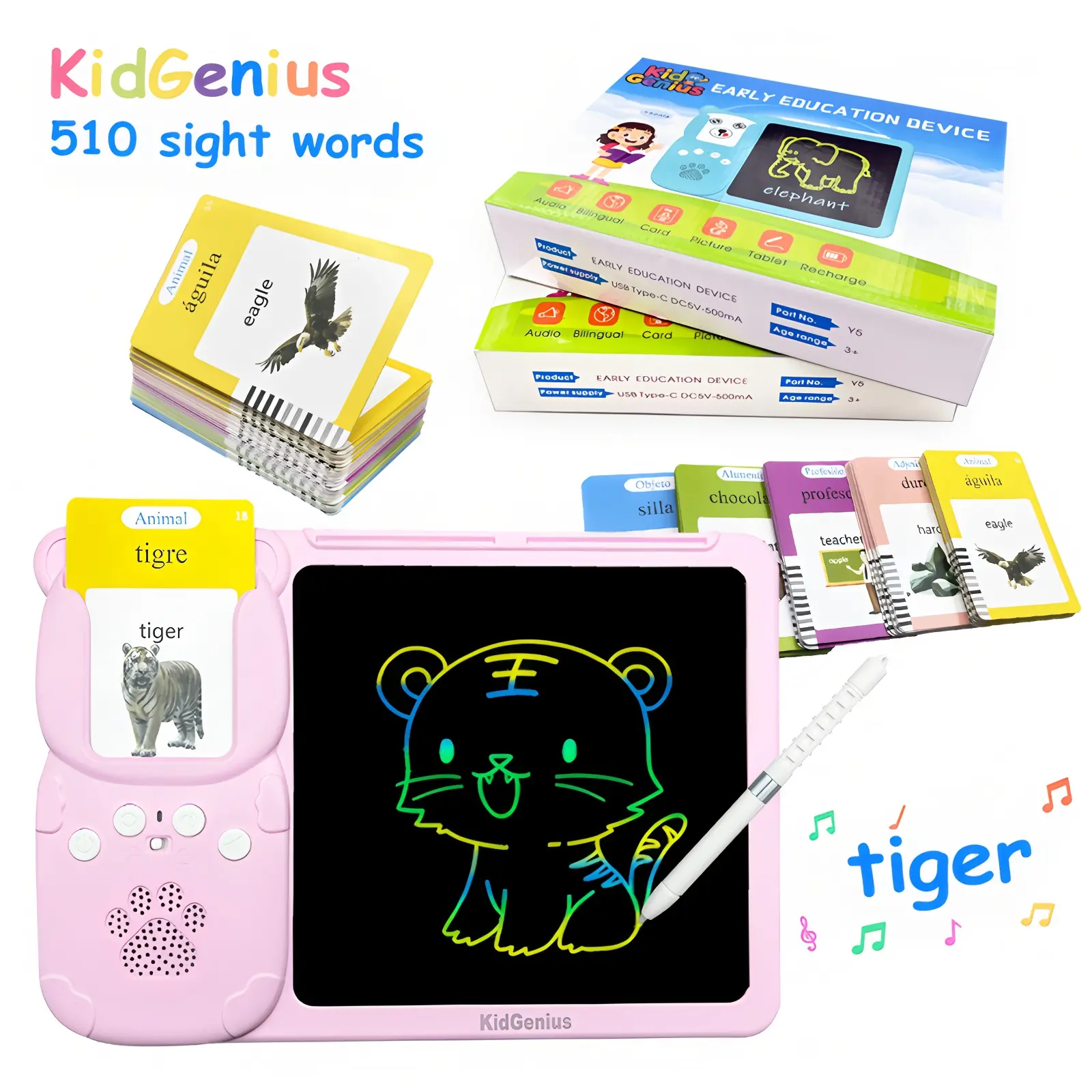 KIDGENIUS 3-in-1 Portable Handheld LCD Writing Screen - Durable Rechargeable (Charging) Tablet with Quick Erase Button, 510 Vocabulary Flash Cards, Dual English-Spanish Grammar System, Eye-Safe Design, Device Protection, Autism Therapy Holiday Gift,summer