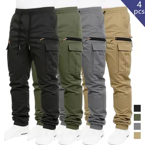 Clean Gent 4-pack men’s loose solid-color casual cargo pants with drawstring waist, drawstring jogger pants, straight-leg casual pants suitable for outdoor hiking and fishing, all-season pants