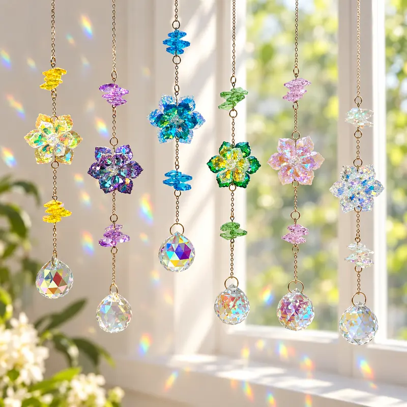 Colorful Floral Glass Bead Hanging Suncatcher Ornaments - Lightweight, Hangable, Decorative Pack with Teardrop Prism, Boho Aesthetic, Indoor Decoration, Window Decor, Gifts for Women