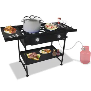 OutdoorMaster Double Burner Stove - 150,000 BTU Propane Stove with Dual Shelves for Outdoor Cooking, Includes Regulator & Hose