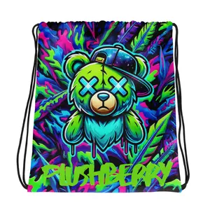 Plushberry Drawstring Bag - Green Bear Design with "PUSHBERRY" Text, Durable Handle, and Versatile Use