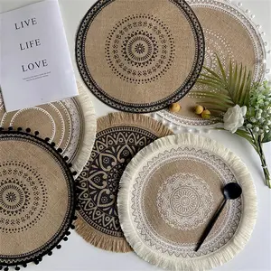 Vintage Pastoral Round Cotton Linen Placemats Handwoven Jute Tassels Placemats Soft Non-slip Table Pads Vase Mats Accessories
