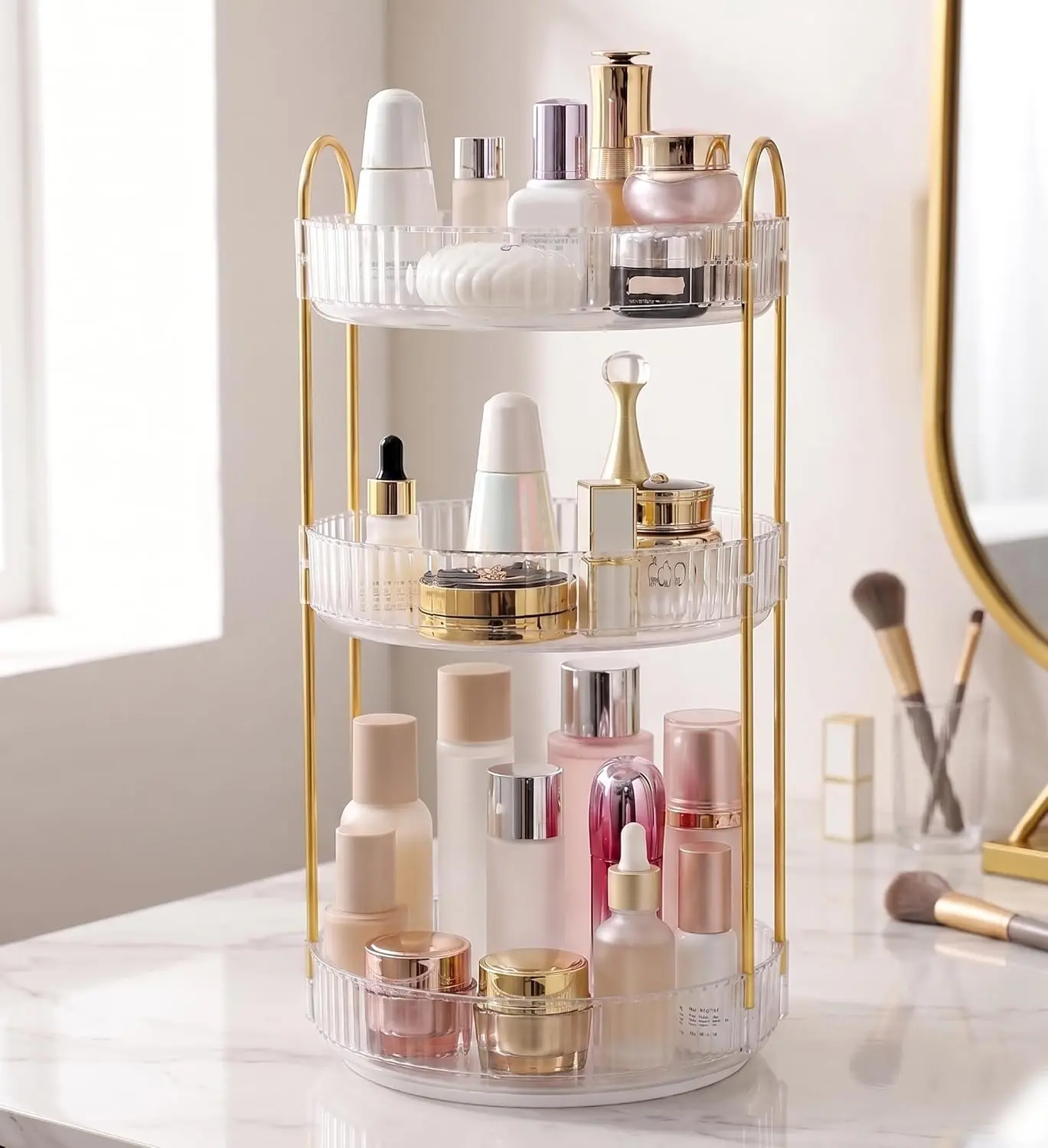 Vintage Smooth Metal 2-Tier 360° Rotating Acrylic Makeup Organizer Boxes - Lazy Susan, Stackable Storage with Collapsible Vanity Shelf, Bathroom-Friendly for Vanity Organization, 6 Shelf Colors, Girlfriend Birthday Gift