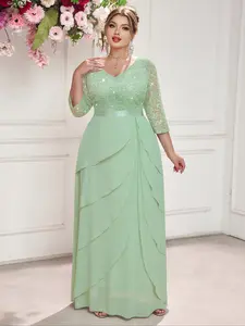 MISSMAY P54404A Plus V Neck Sequin Floral Lace Tiered Ruffle Trim Chiffon Hem Evening Party Cocktail Maxi Dress, Elegant Prom Formal Wedding Guest Dress, New Year Dress, Winter Dress, For Graduation, Birthday, Homecoming