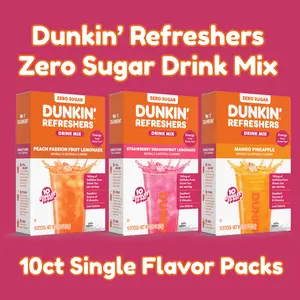 Dunkin’ Refreshers Zero Sugar Drink Mix Sticks - 10 Count Box - Peach Passion Fruit, Strawberry Dragonfruit Lemonade, or Mango Pineapple - Energy from Green Tea, Low Calorie