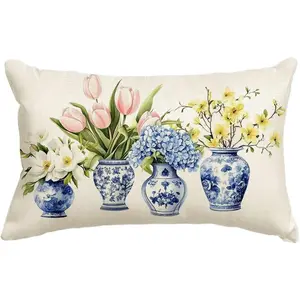 AVOIN Colorlife Chinoiserie Throw Pillow Cover - Blue and White Porcelain Vase, 12 X 20 Inch Spring Flowers Tulip Hydrangea Cushion Case for Sofa Couch