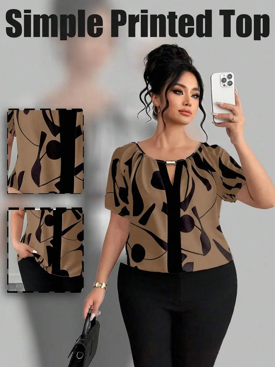 Random Print Patchwork Boat Neck Metal Decor Button Plus Size Short Sleeve Blouse- back to school outfit