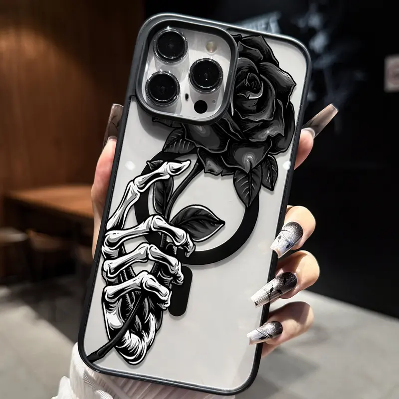 Skeleton Hand Black Rose Phone Case, Gothic Floral Clear Style for iPhone 17 16 15 14 13 12 11 X Plus Pro Max, Shockproof Gift