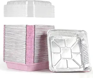 40 Pack 8x8 Square Aluminum Baking Cake Pans with Clear Lids - Pink Disposable Foil Pans with Lids, Great Food Containers for Cooking Heating Storing Prepping Food