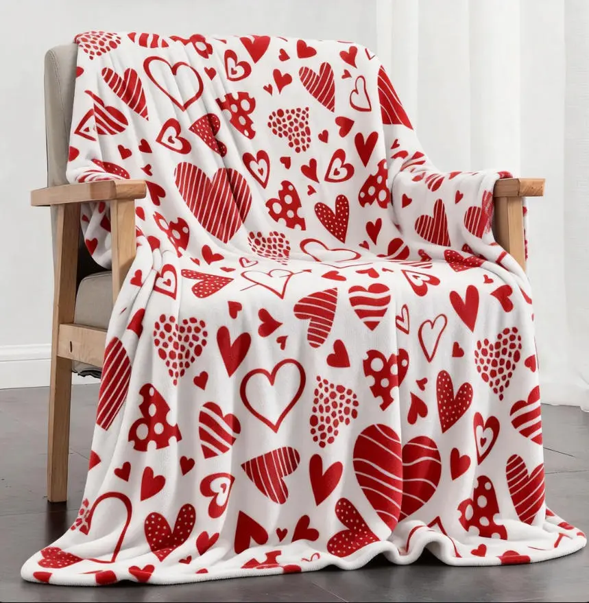 Heart Pattern Flannel Cozy Throw Blanket - 1 Count Soft Comfortable Air-Conditioned Room Blanket, Decorative Giftable Valentine's Day Gift for Men Women, Decorative Giftable Blankets