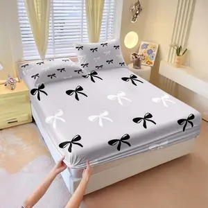 Simple and stylish fitted sheet set with bowknot print,Includes 1 Fitted Sheet & 2 Pillowcases without Filler,Features a clean black and white color scheme,Exquisite and elegant,Multiple styles available,A great gift idea.