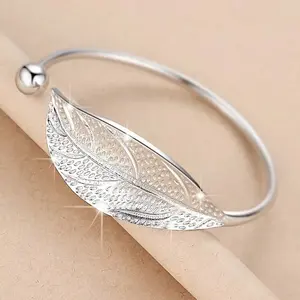 925 Sterling Silver Leaf Shaped Open Cuff Bracelet for Women Adjustable Luxury Charm Bangle Party Jewelry Gift