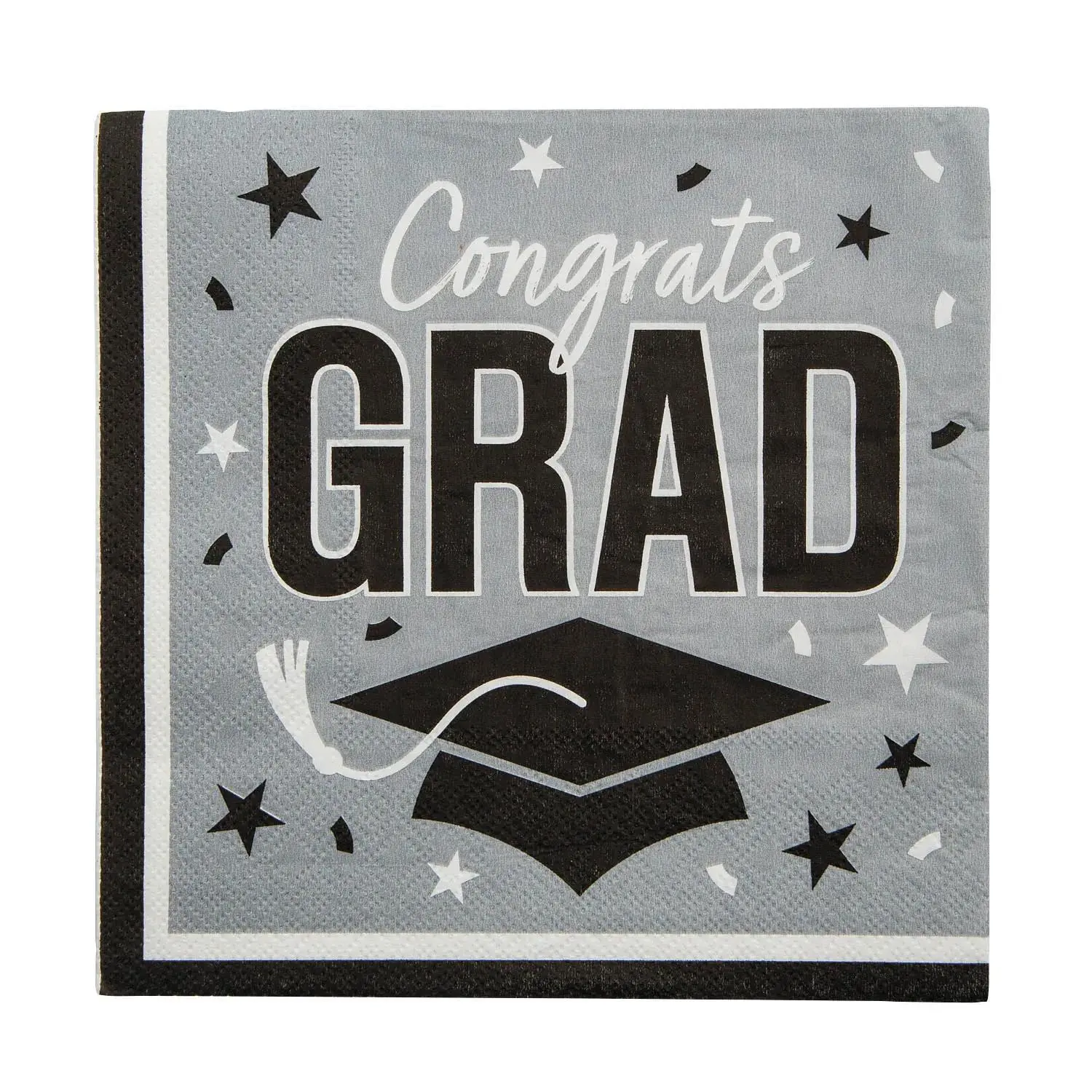 6.5" Decorative Disposable Silver Congrats Grad Paper Luncheon Napkins, 50-Ct Bulk Pack for Graduation Party Supplies with Mortarboard Theme