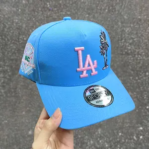 MLB New Era LA Dodgers Light Blue Cap Collection - Tropical Palm Embroidery, Pink Letter Logo, 9FORTY Adjustable, 59FIFTY Fitted, 9FIFTY Snapback Baseball Hats for Men & Women, Vintage Baseball Style, Hip Hop Streetwear, Summer Fashion Essential