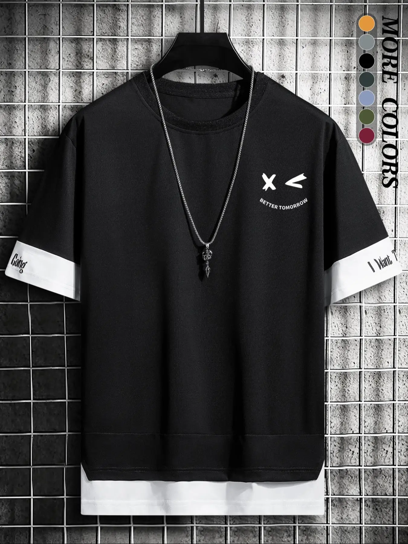 Men's Colorblock Letter Cartoon Face Print Tee without Necklace, Casual Round Neck Short Sleeve T-shirt for Summer, Fashion Men's Top for Daily Wear