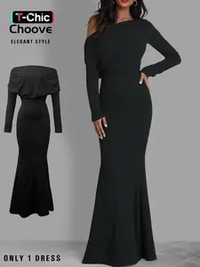 Elegant Women's Chic Asymmetrical Neck Long Dress, One Shoulder Design, Floor-Length Evening Gown, Perfect for Special Occasions, Elegant Party Dress