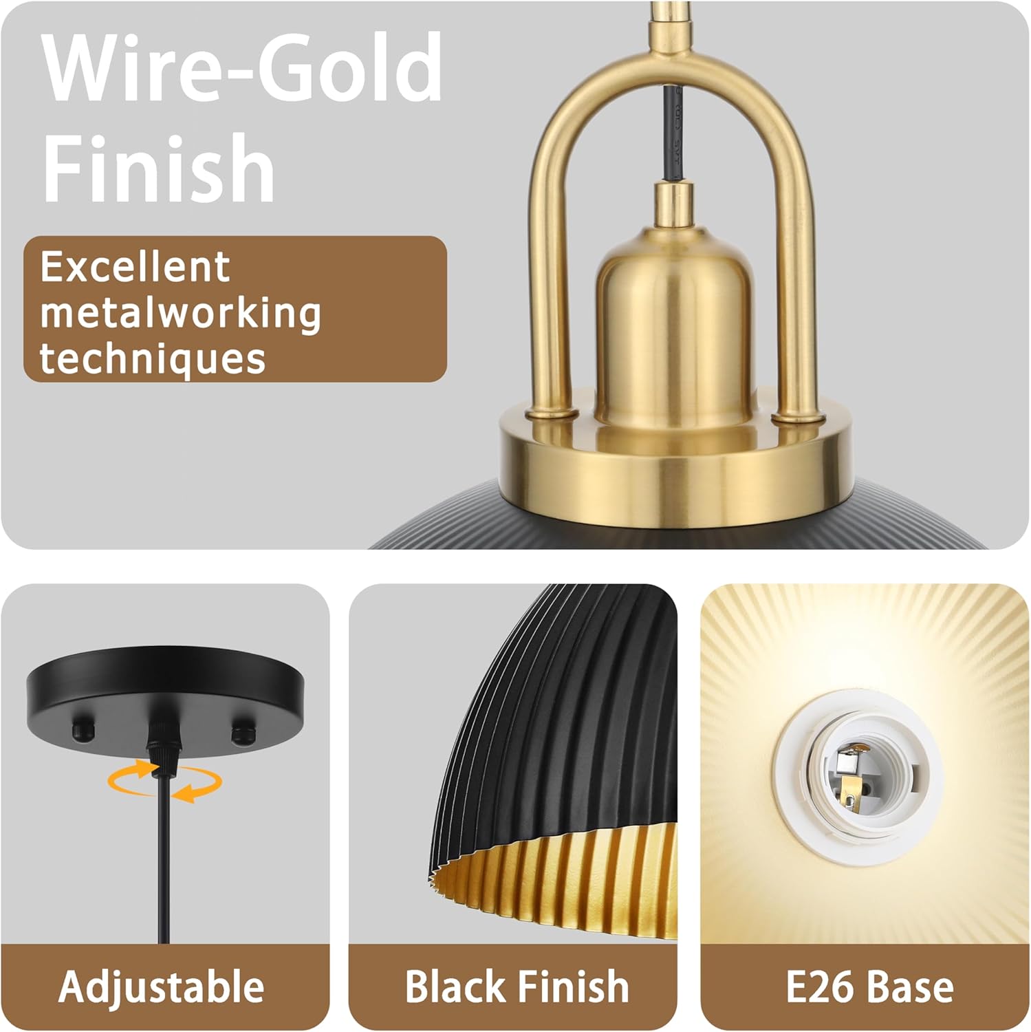 Pendant Lights Kitchen Island, Black Metal Farmhouse Pendant Light Fixtures, 11.8" Industrial Modern Hanging Light for Dining Room Bedroom Cafe Bar (Black/Gold, 1 Pack)