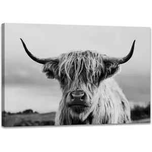 Highland Cow Wall Art Canvas Print Black and White Animal Canvas Picture Framed Art Wall Decor for Bedroom Bathroom (12x18 inch) Wood Artwork