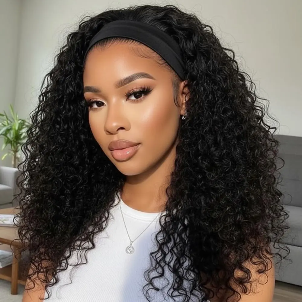 Headband Wig Human Hair Kinky Curly No Glue Full Machine Made Brazilian Remy Human Hair Wigs For Women 180% Density