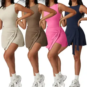 Women's solid color sleeveless tennis skirt with ruffled edge slit and built-in shorts tie, s-XL size, comfortable to wear in summer, suitable for running and exerciseRAIMENTRY