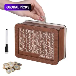 Wooden Money storage jar Money Bank, Countdown MoneySaving Box with 10000 Dollars Target, Money storage jar withMoney Target and Numbers to Check for Boys Girl