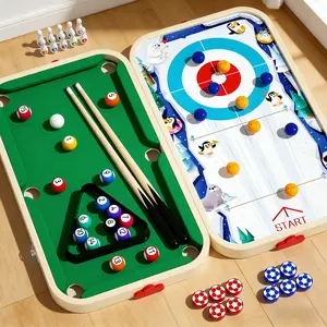 Wooden Tabletop Board Game Set with Mini Pool Billiards Bowling Shuffleboard and Slingshot Curling for Kids, Portable Wood Construction for Indoor Family Game Night and Screen Free Fun, 4 in 1 Double Sided Travel Design for Home and Party Entertainment