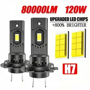 2-Pack H7 LED Headlight Bulbs, Mini Wireless 120w 80000lm 6000k, 7035 Csp for Car Front Lights, 12V Automotive Diode Lamp