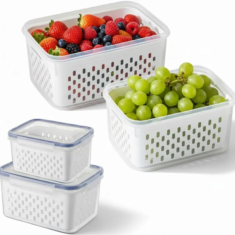 2/4/6 Set Double Drain Split Airtight Fridge Storage Tub, Clear Leakproof Produce Organizer For Snack Veggie Fruit
