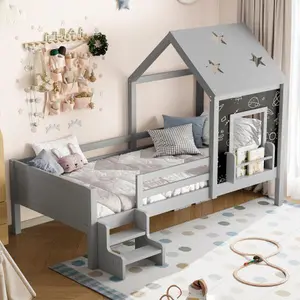 [Bellemave]Twin/Full/ House Beds with Low-Profile Stairs and a Window, Solid Wood House Platform Bed with a Bookcase, Blackboard Design, and Cute Star-shape Roof, No Box Spring Needed, Gray