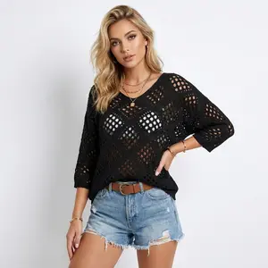 Boho Crochet Knit Hoodie V-Neck Top for Women - Y2K Aesthetic Summer Open Knit Sweater Batwing Sleeve Hollow Out Casual Beach Cover Up Resort Wear Khaki Tan Knitwear Oversized Fit Juniors Cottagecore - Plus Size Friendly