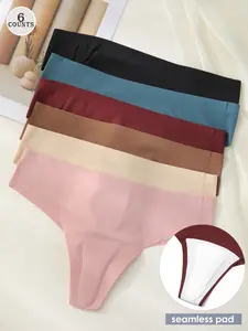 6 Pcs Women's Seamless No Show Thong Panties, Anti-Chafing Yoga Fitness Underwear, Invisible Triangle Line, Casual All Seasons, Plain Pattern