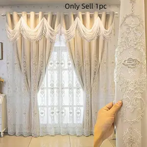 1pc European Courtly Embroidered Dual-Layer Blackout Window Curtain, Quick-Install Pierced Design, Soft Sheer Blackout Combo, Living Room, Master Bedroom