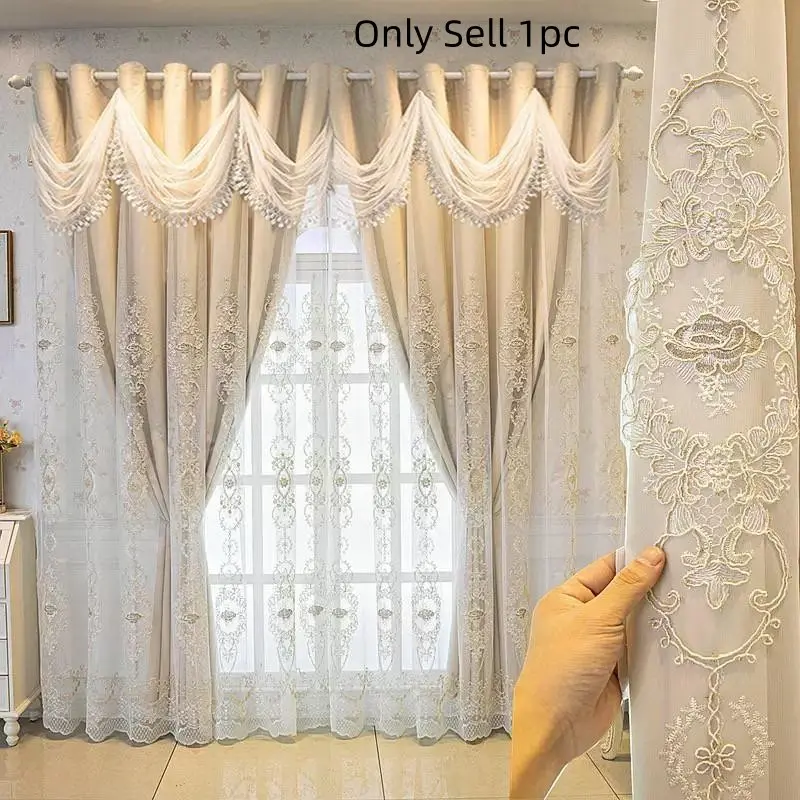 1pc European Courtly Embroidered Dual-Layer Blackout Window Polyester Curtain, Quick-Install Pierced Design, Soft Sheer Blackout Combo, Living Room, Master Bedroom, Blackout Curtains