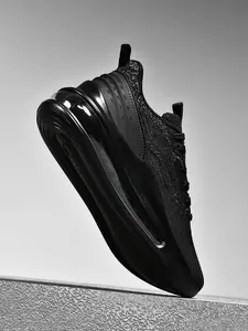 Men's All-Black Flyknit Air Cushion Plus Size Breathable Running Shoes, Running Athletic Shoes, Flyknit Upper + Full-Length Air Cushion + Non-Slip Sole, All-Black, Lightweight Fit, Ideal for Men's Daily Outfits & Sports Scenarios